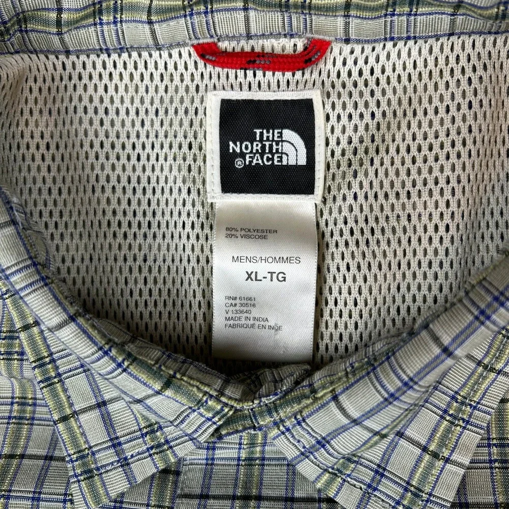 EUC The North Face Mens XL Plaid Short Sleeve Hiking Shirt Green Blue Button Up